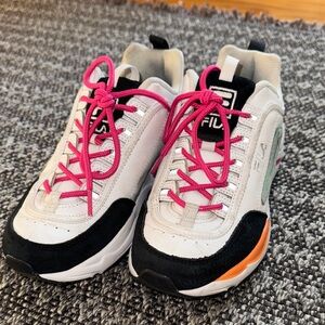White Fila Sneakers with Pink Laces and Orange & Teal Accents
